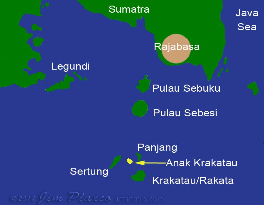 Map of the region of Krakatau Volcano in Indonesia south of Sumatra