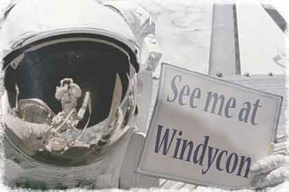 Astronaut with Windycon science fiction convention sign