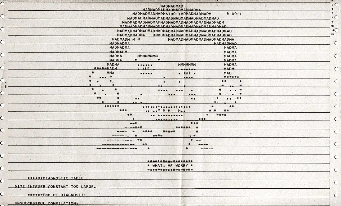example of computer ascii art of MAD Magazine character Alfie from 1960
