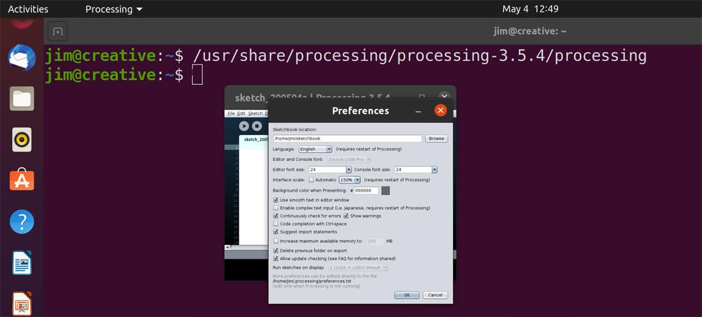 The Processing preferences dialog